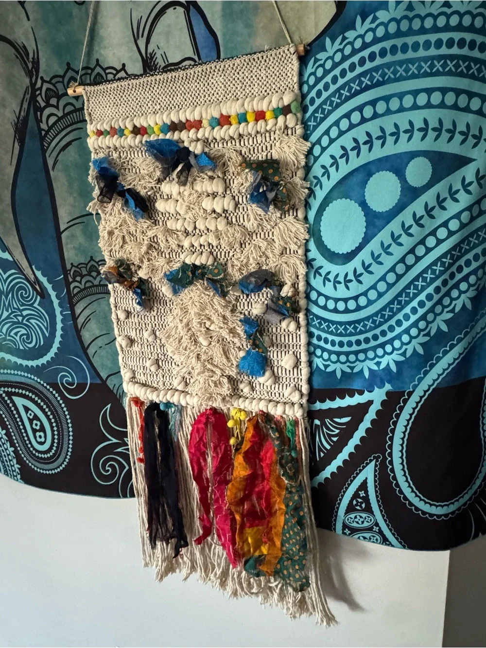 Handwoven Cream and Blue Textile Wall Hanging by